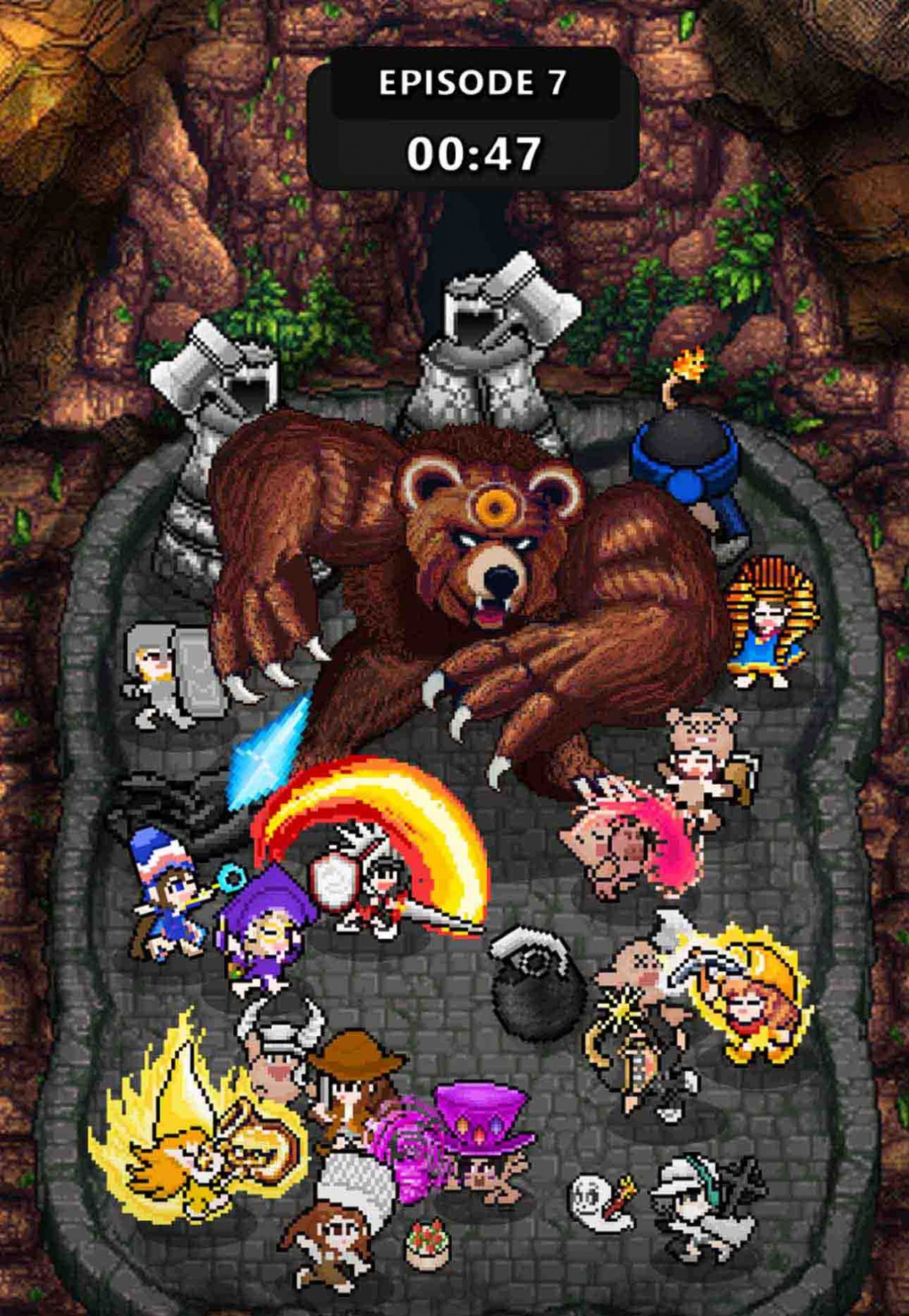 pixel art heroes fighting a giant bear