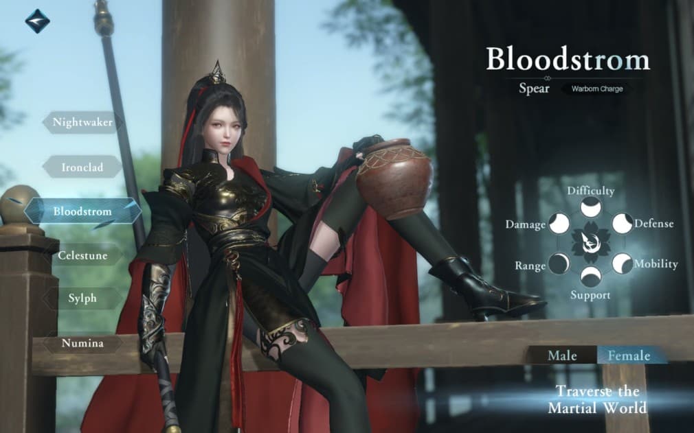 bloodstrom class girl with ponytail sitting holding a sword lance and wearing an all black suit