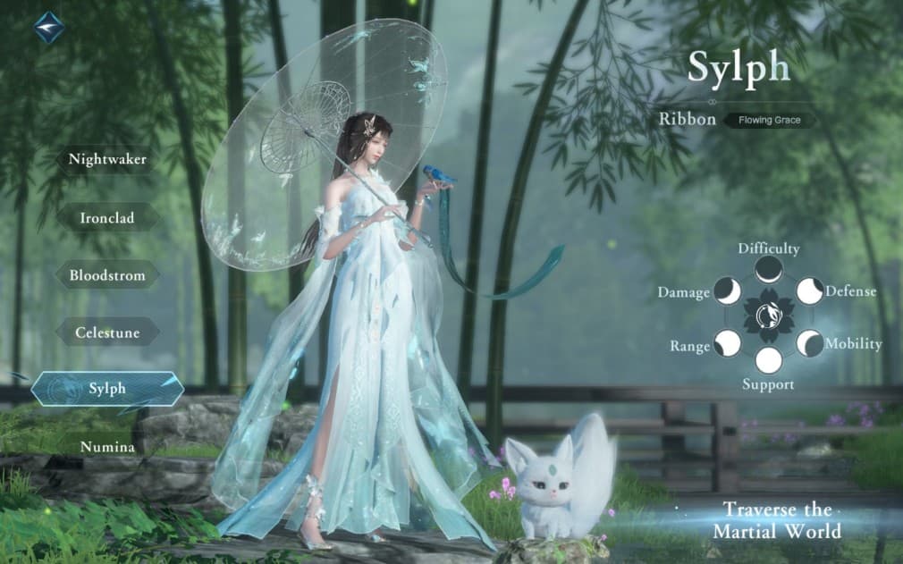 sylph the support class woman dressed in white dress accompanied by a white fox