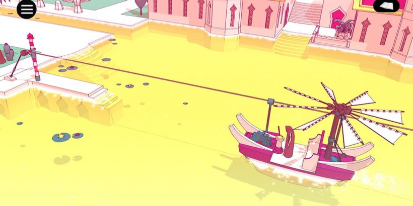 The traveler crossing a yellow lake on a boat