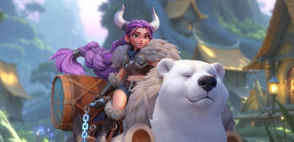 kiana girl with purple hair and horns riding a bear