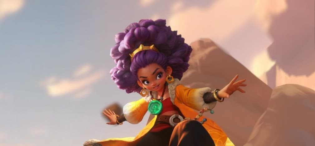 sara girl with purple hair riding a floating rock