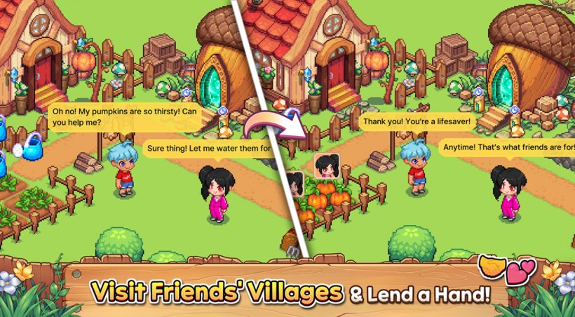Two pixellated characters speaking on a lush floral background.