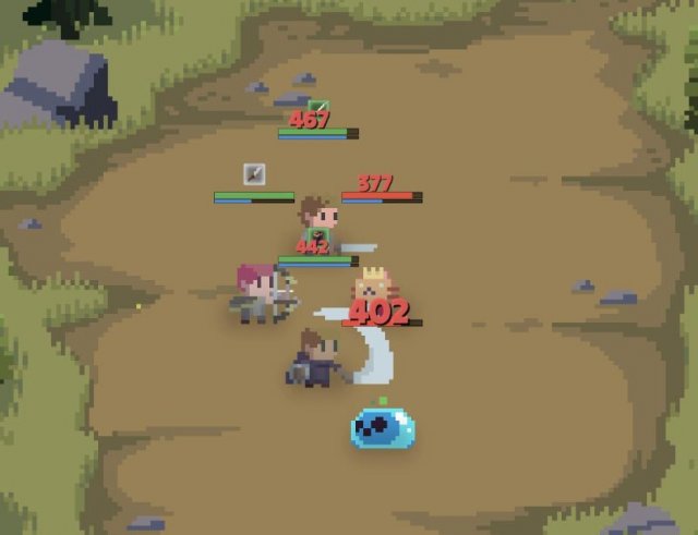 a group of pixel art heroes fighting kingmew on a battlefield