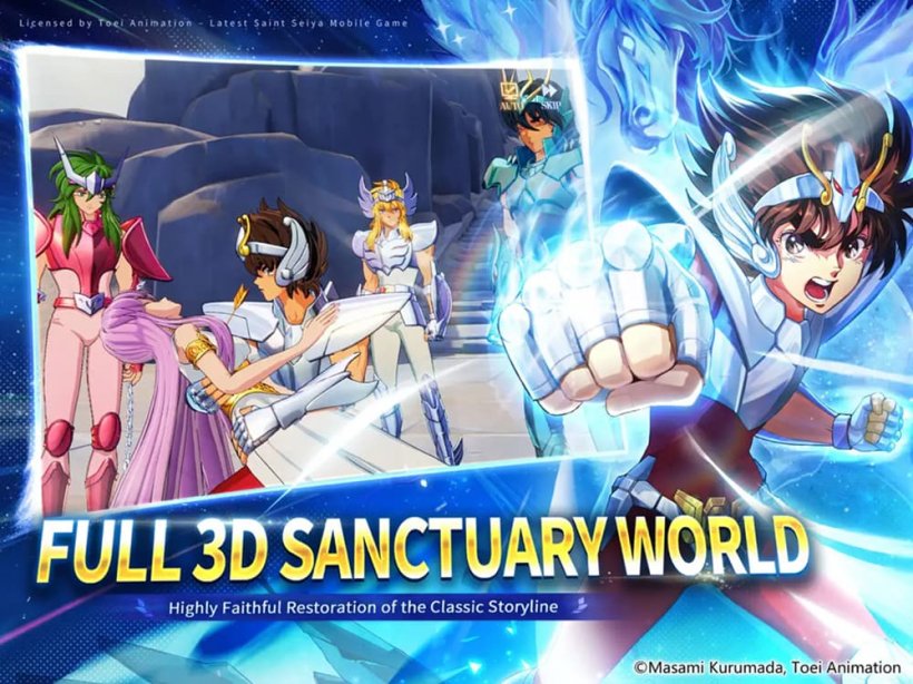 A screenshot of a 3D cutscene and Saint Seiya about to punch the camera.
