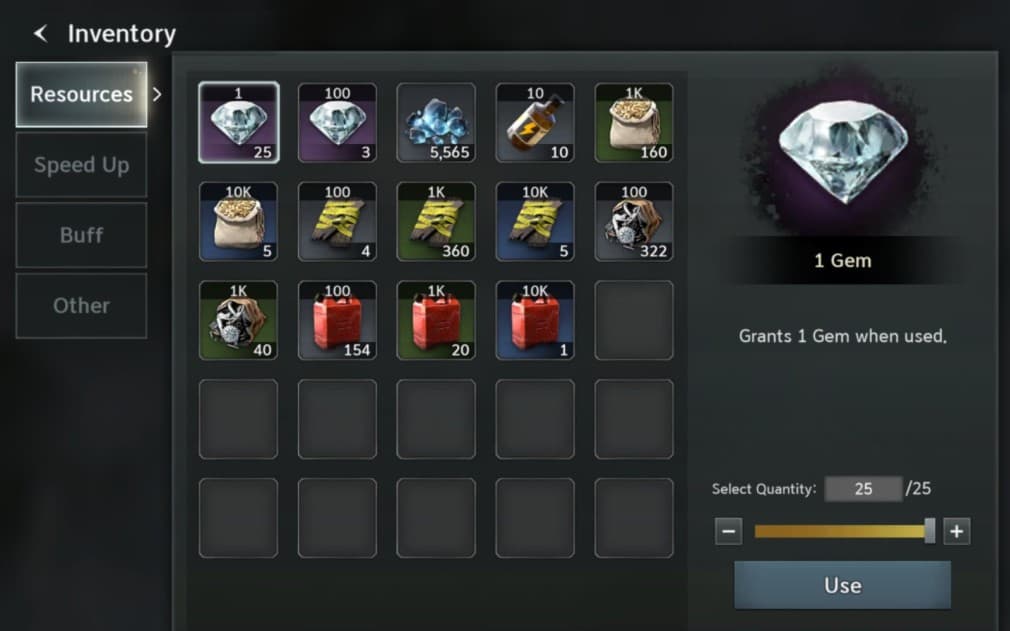 inventory with all the resources gathered