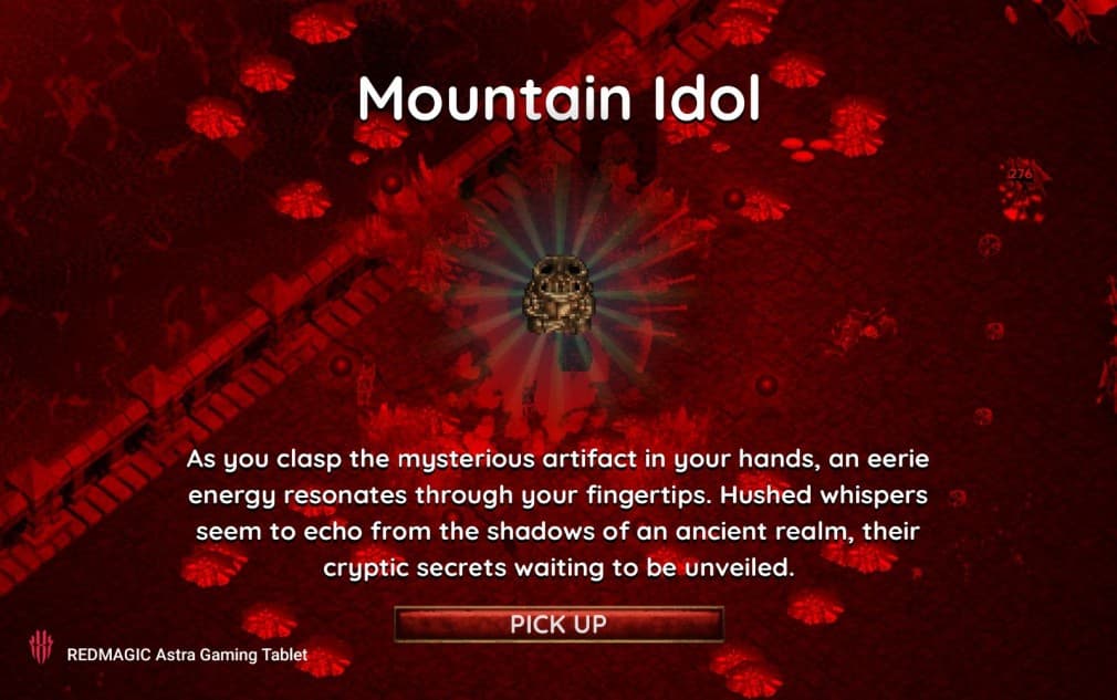 mountain idol artifact picked up on red background