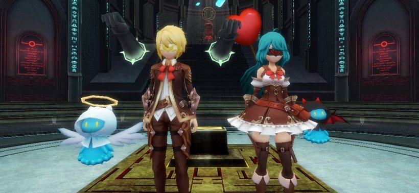A picture of two people in school-style uniforms sporting stylish glasses-style blindfolds in an angelic and demonic theme respectively.