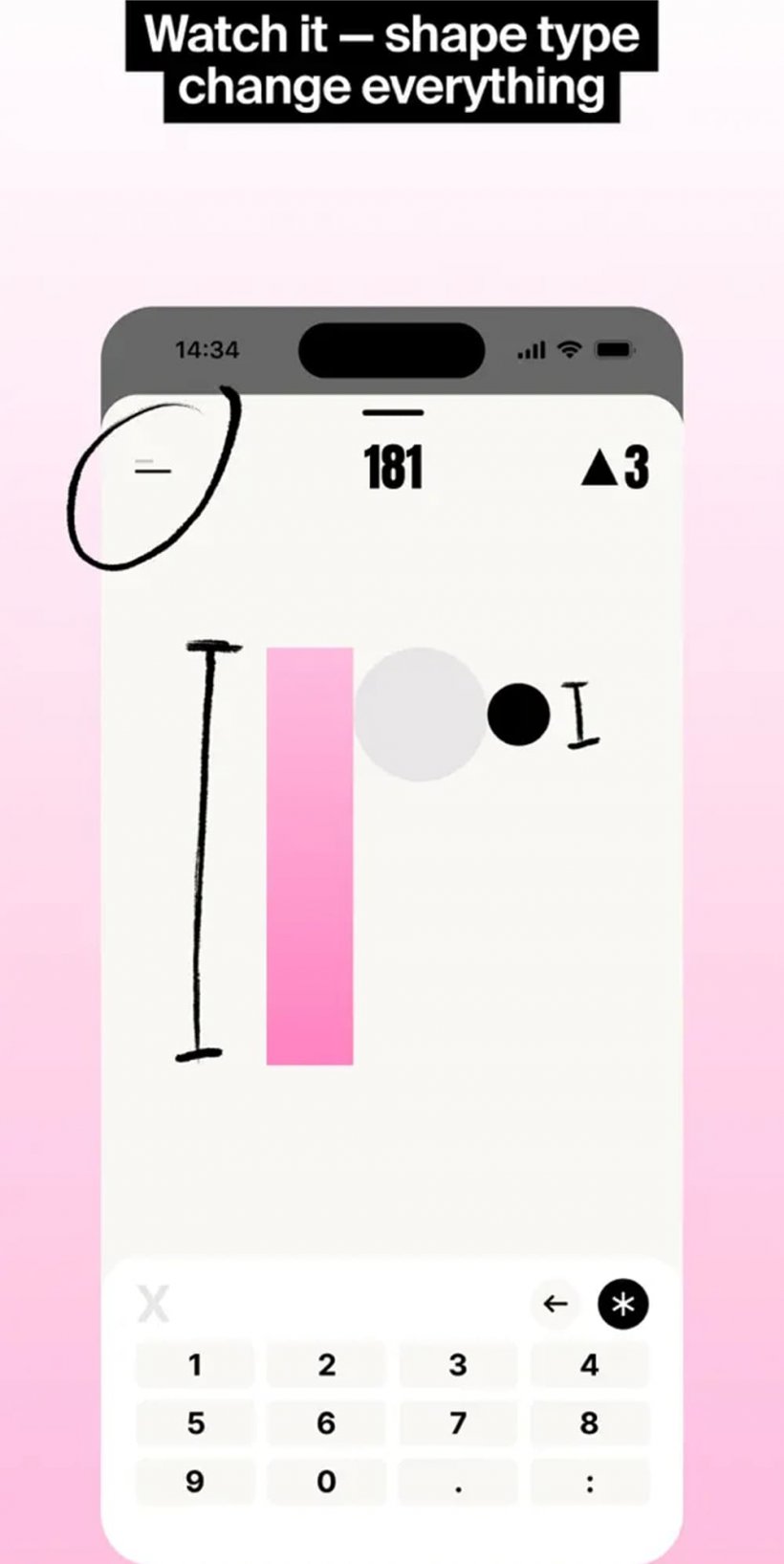A screenshot of the shape-based puzzler iks and its minimalist white and black interface
