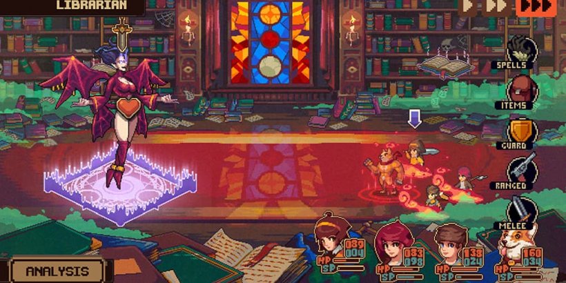 Emily and her team battling a demon in the library