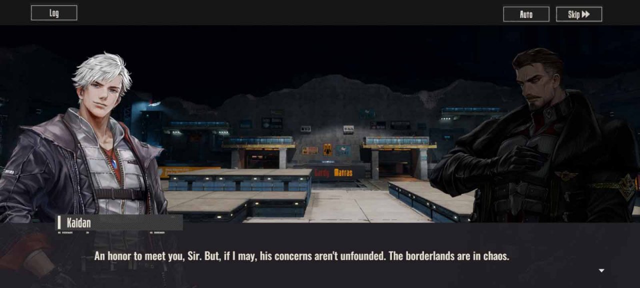 two male characters talking in front of a hangar