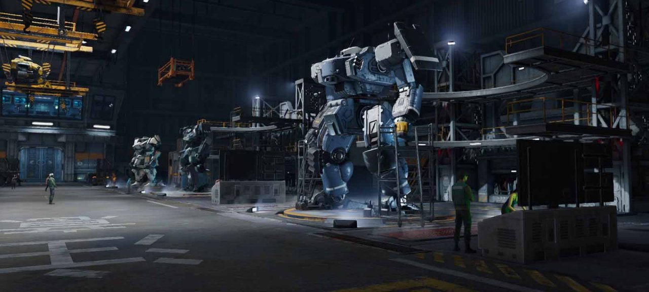 Mechs are being repaired in the hangar