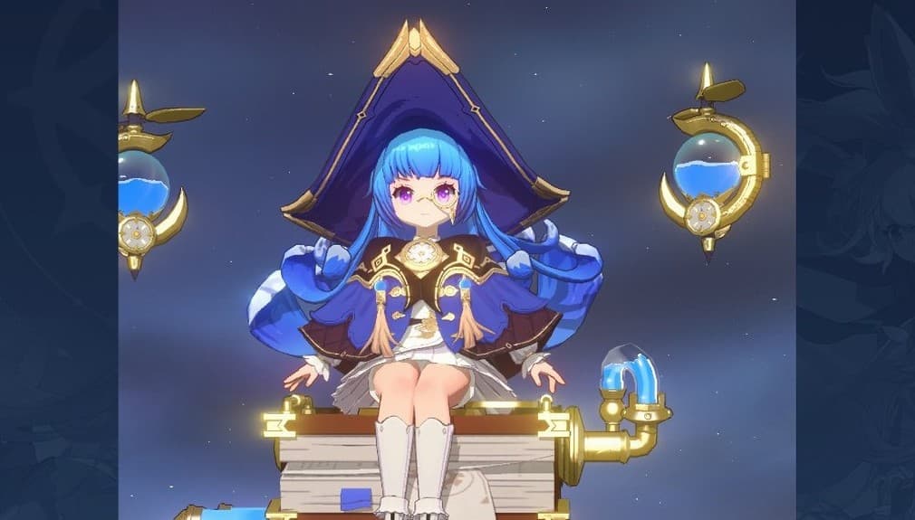 grimoire blue-haired girl with blue witch hat riding a magical broom