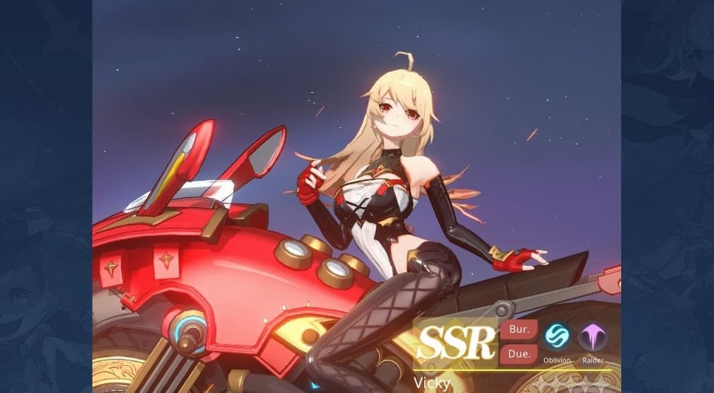 vicky blonde girl with long hair riding a black and red motorcycle