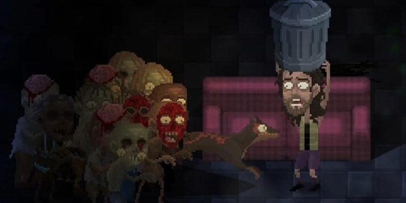 A horde of zombies approach a panicked looking man holding a trash-can over his head, a dog is lunging at him from the crowd.