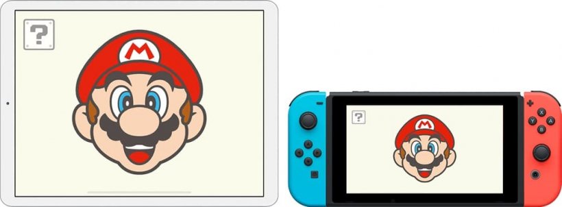 An image of Mario smiling is placed on a tablet and a Nintendo switch computer. He is a middle-aged Italian plumber with a moustache and workman's hat.