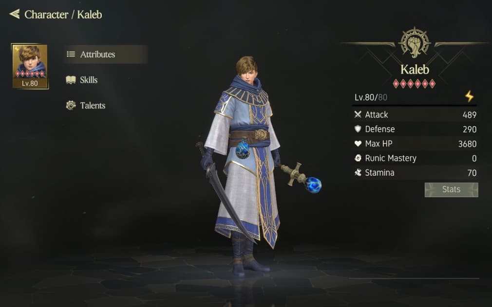 kaleb character dual weapons wearing a robe