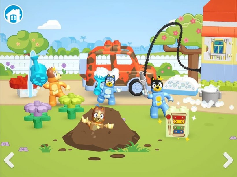 A picture of a group of Lego dog figures dancing and playing in a garden, one washing a car, one in a mud pile etc.