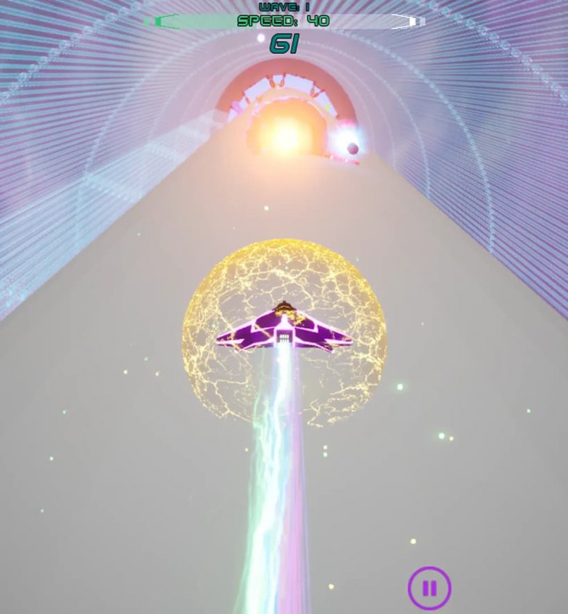 A screenshot of a spaceship barrelling along a gray pipeline towards a distant star, with an energy shield around it.