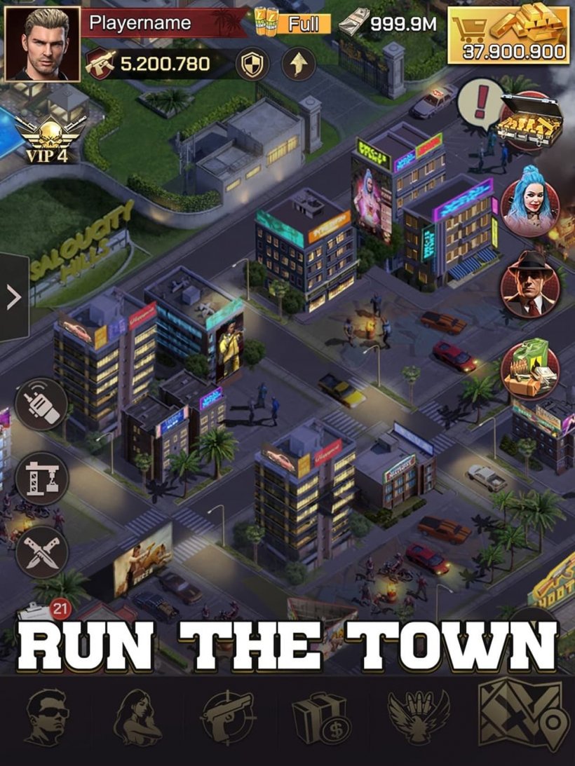 Screenshot of a dingy cityscape with the words 'Run the town' emblazoned over top.