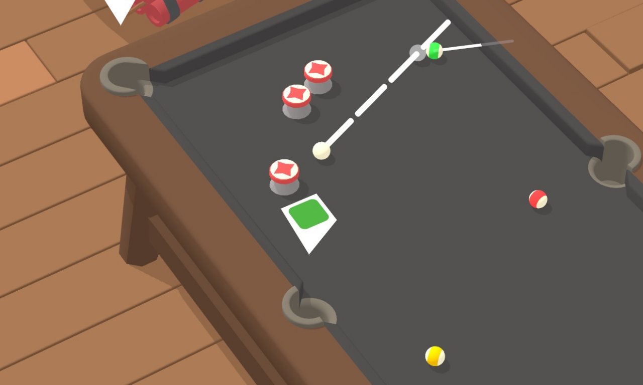 a pool table with a cue ball, striped balls, and bumpers