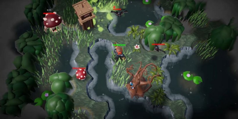 All Who Wander's protagonist battles their way through a forest with giant mushrooms and spooky bats