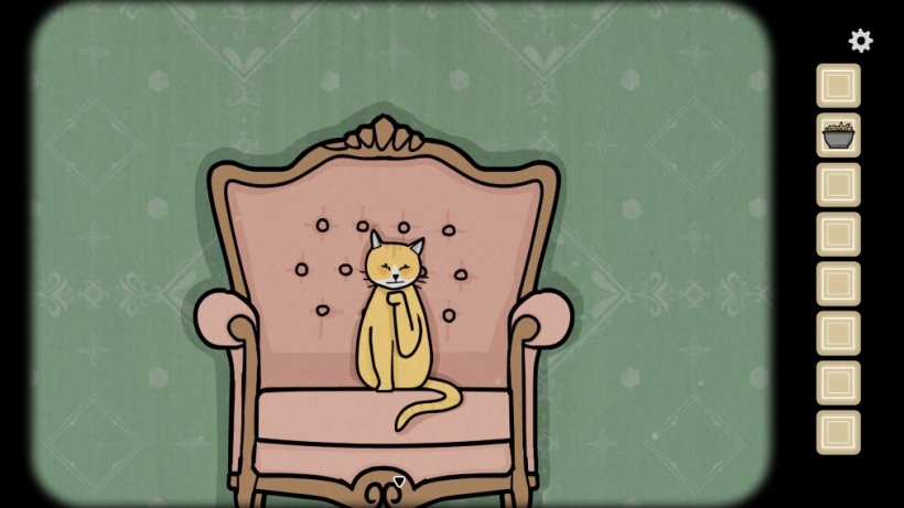 A yellow cat on a pink chair with a green background