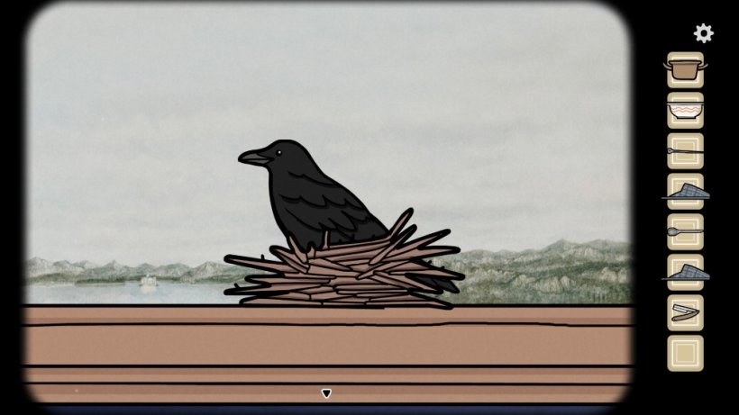 A crow sits in its nest on a windowsill looking slightly amused