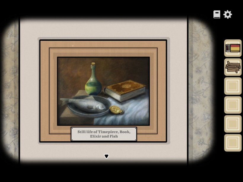 An oil painting with a fish, timepiece, book and flask