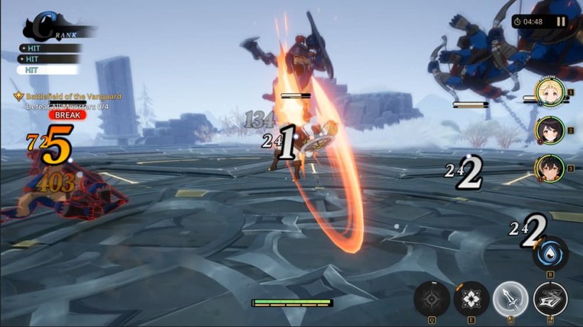 A character leaps into the air spinning their sword to juggle an enemy in a large open area consisting of stone monoliths and ruins.