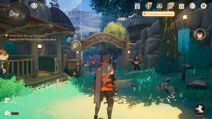 A brown-haired adventurer of the typical anime fashion stands in front of an arcadian village of wooden buildings and mossy overgrowth.