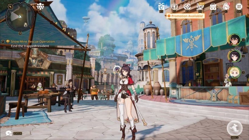 A woman stands in a fantasy city beneath a blue sky with a serene look on her face.