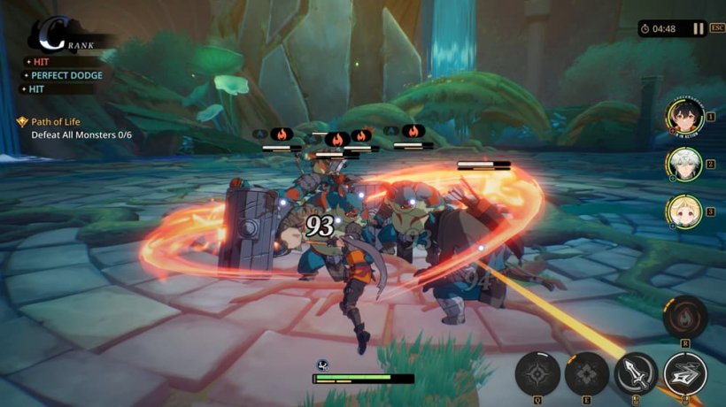 Flashy anime action with an armed character swinging their sword with orange flame around it to send a bunch of goblin-like enemies flying. There are markers above their heads showing the element of fire being applied to them.