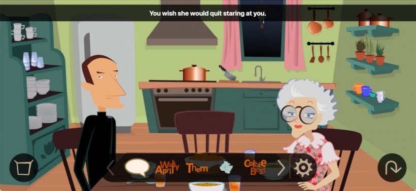 cartoon of a man and an elderly woman sitting at a kitchen table with dialogue options at the bottom of the screen