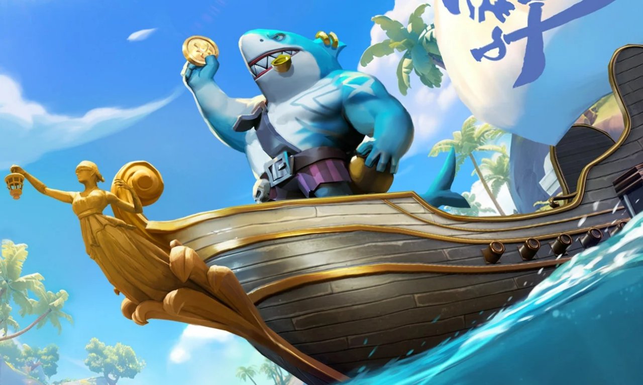 a shark pirate stands on a ship's deck holding a gold coin under a sunny sky with palm trees in the background