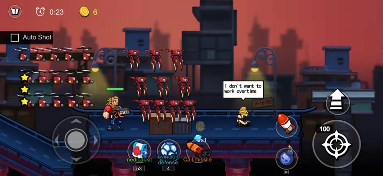 A blonde action-hero type stands on a bridge surrounded by drones on his side, a tied-up prisoner nearby waits to be rescued.