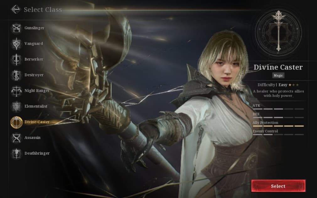 divine caster holding a staff and looking towards the light