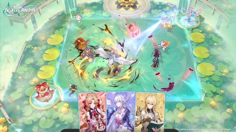 An image of a board filled with magical creatures and a set of cards at the bottom showing various anime characters.
