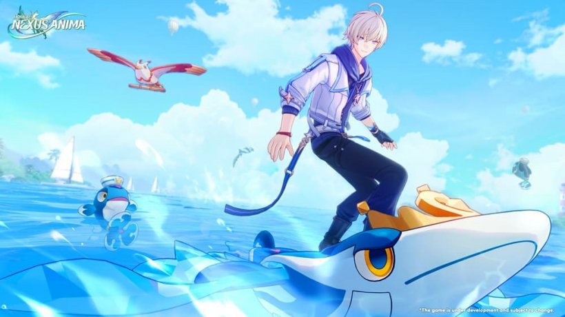 A young man in stylish clothing rides atop a board-like creature in a sunny sea setting.