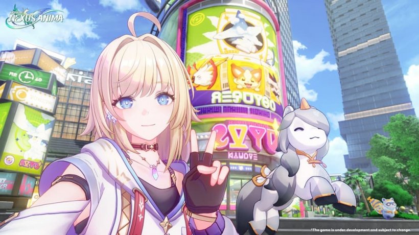 A woman takes a selfie with a strange magical creature in a city setting.