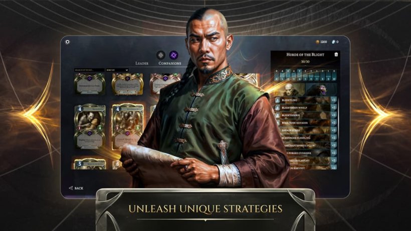 A picture of a scholarly looking man on a background of a card game, the text reads 'Unleash unique strategies'.