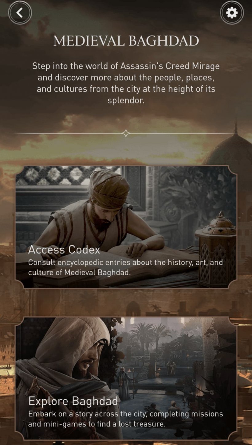 A photo of two choices featuring assassin's creed characters between access codex and explore baghdad
