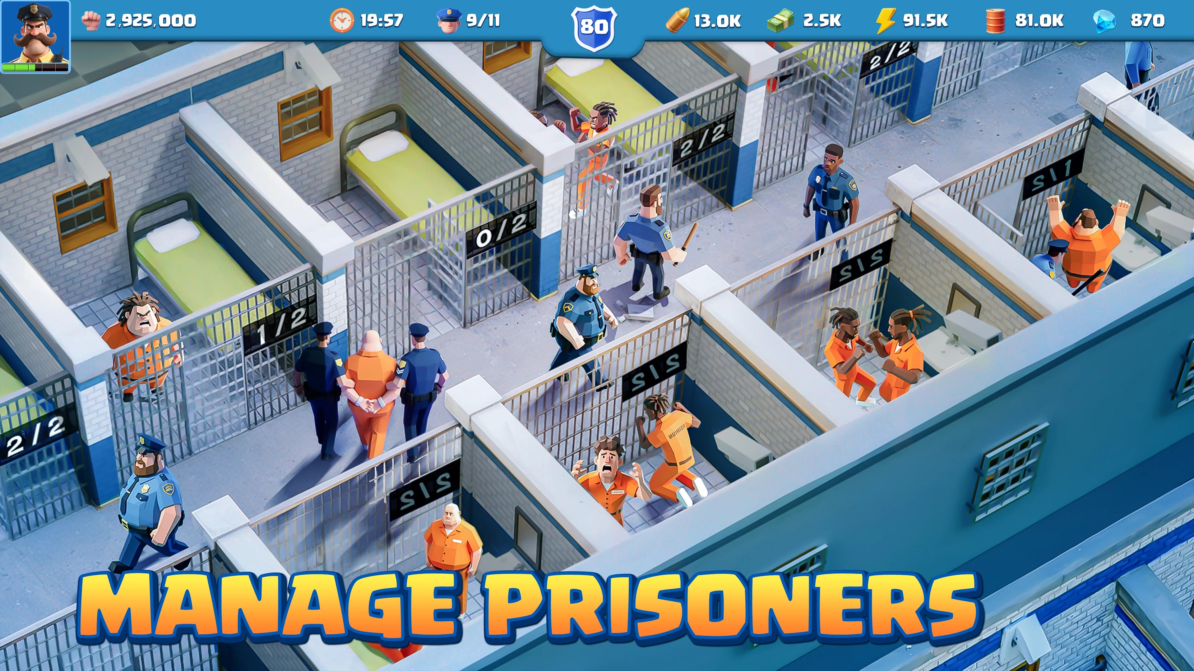 a prison with multiple prisoners inside cells, guards escorting prisoners, and officers guarding the place