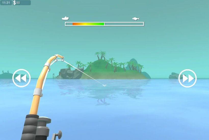 A first-person view of someone casting out the line of a fishing rod in a blue ocean