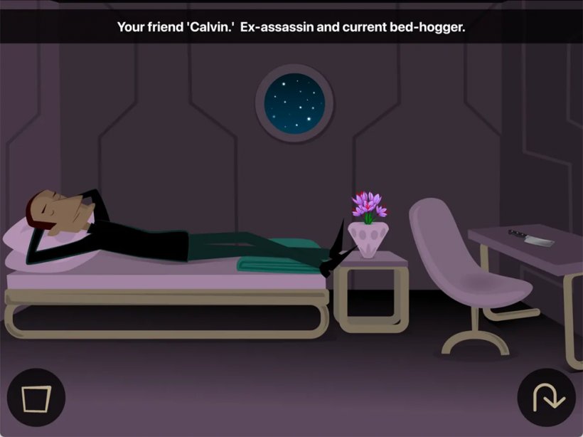 A man clad in black is reclining on a bed, with text describing him as a former assassin turned best friend