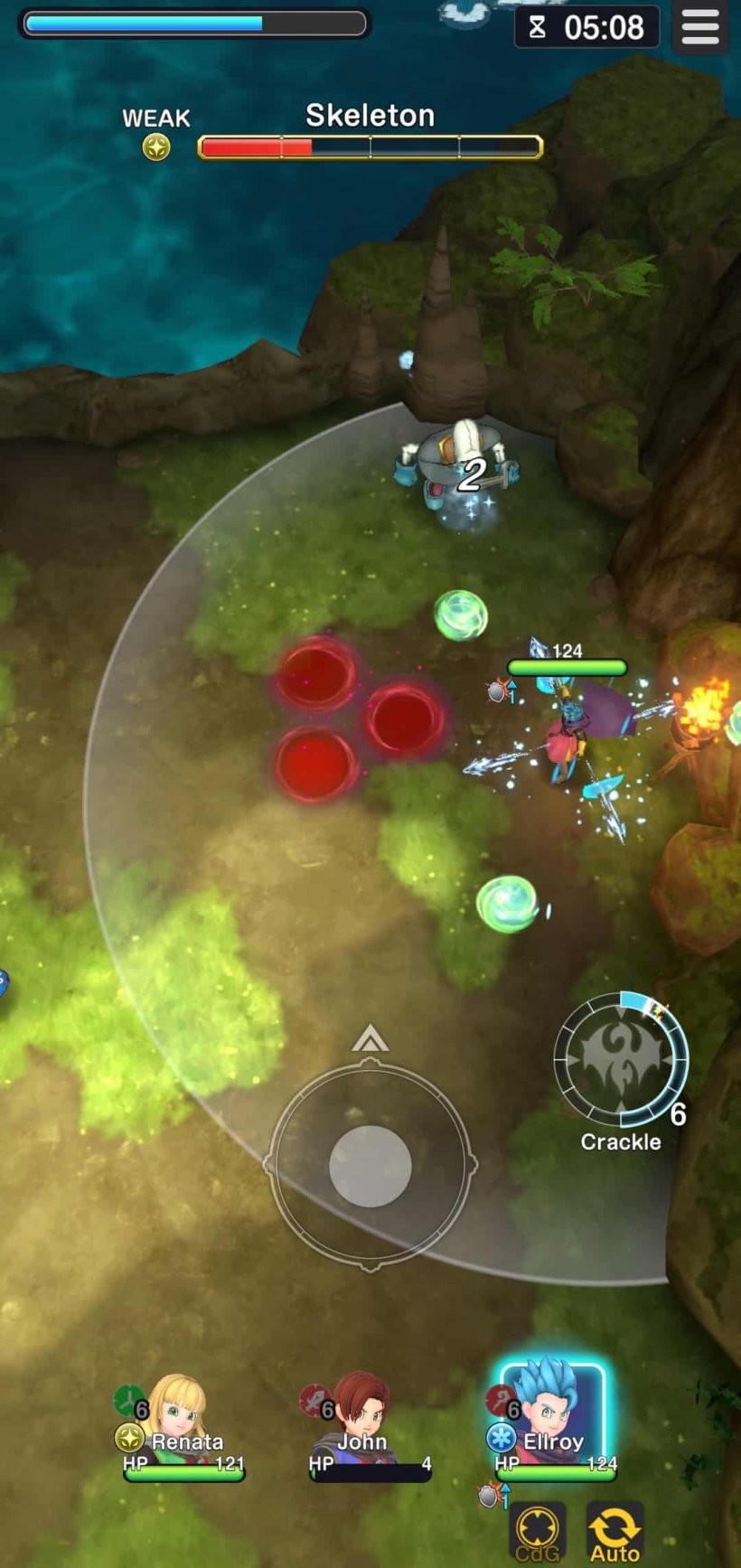 An image similar to the first action shot, now prominently visible is that of a small orange button in the bottom right corner.