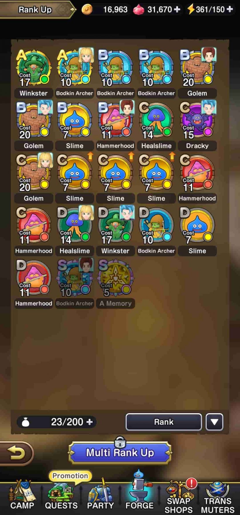 An image of various 'memories' featuring iconic DQ monsters, a button that's currently locked lets you level them up at once when possible.