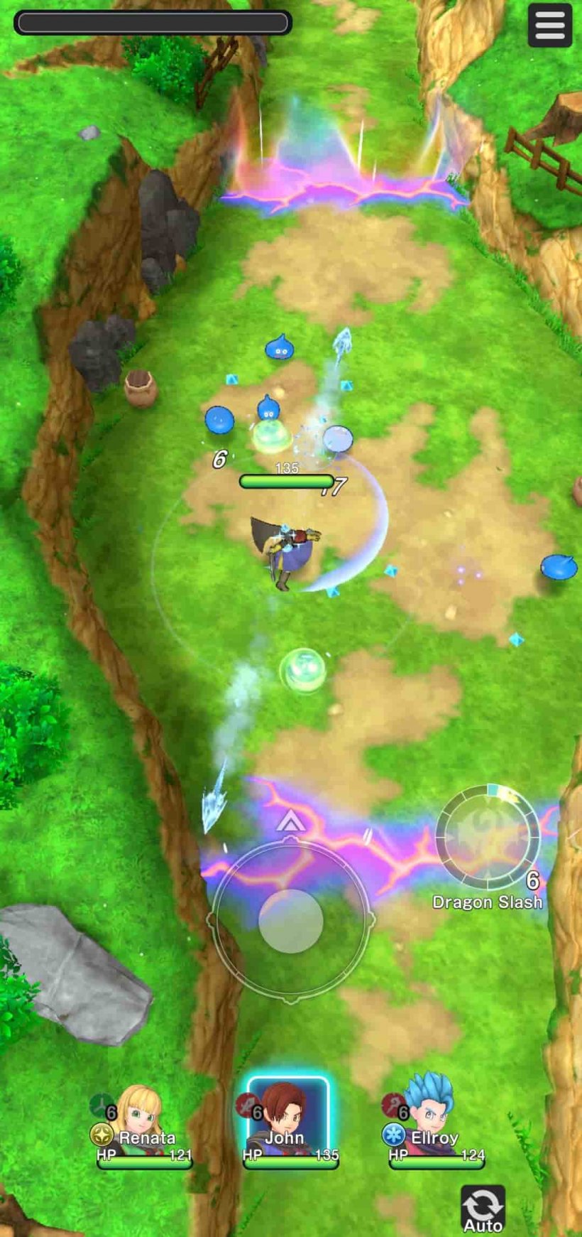 A warrior in a cape does battle with slimes in a small grassy field between some low hills.