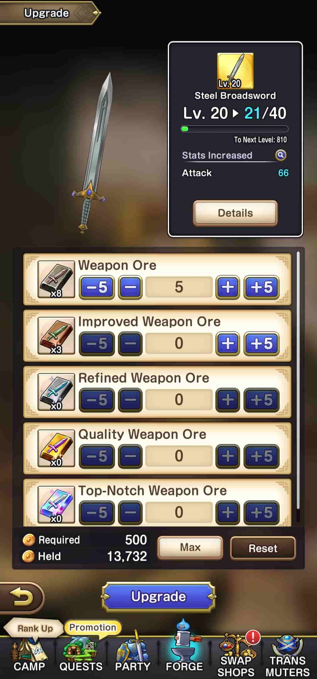 An upgrade screen that shows various weapons, and buttons for adding materials to them, with the second button offering a '+5' option.