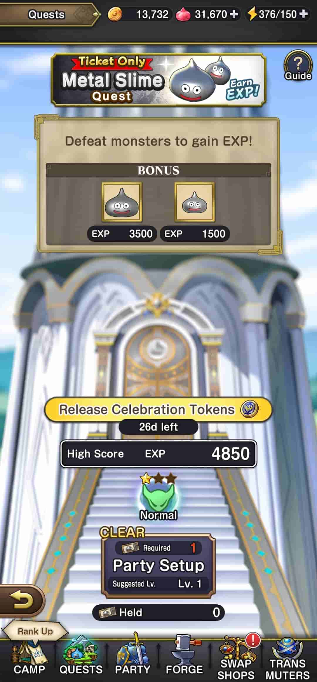 A screenshot showing a metal slime training battle in DQ Smash/Grow.